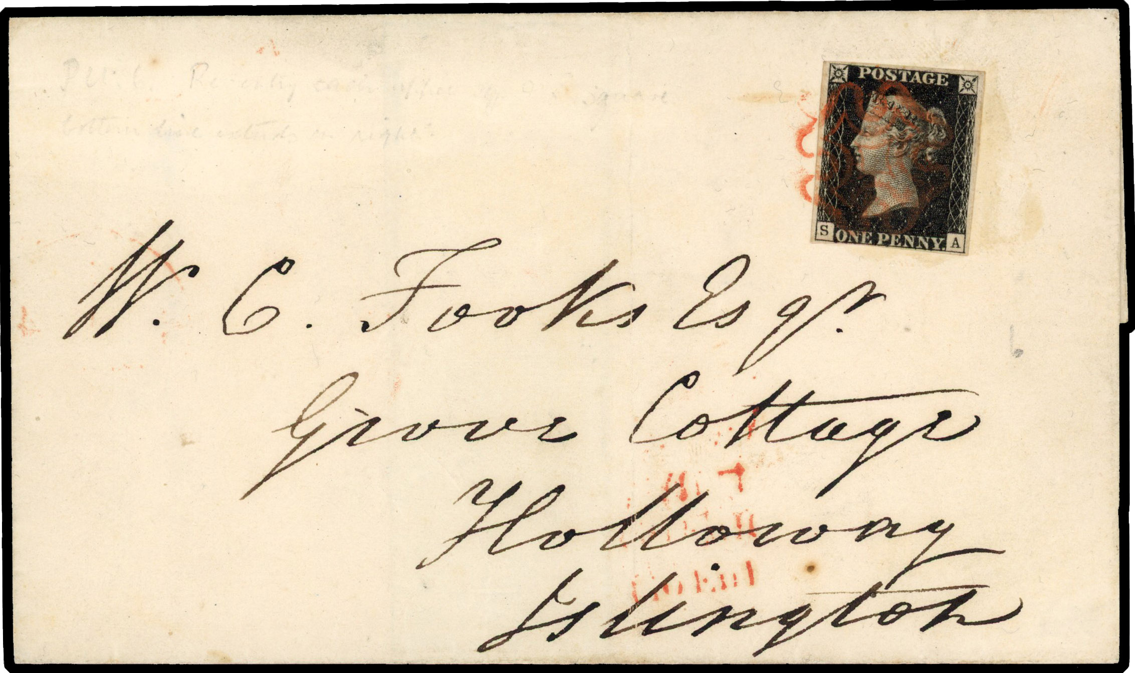 1840 envelope addressed to Islington, franked by 1d black showing SA re-entry