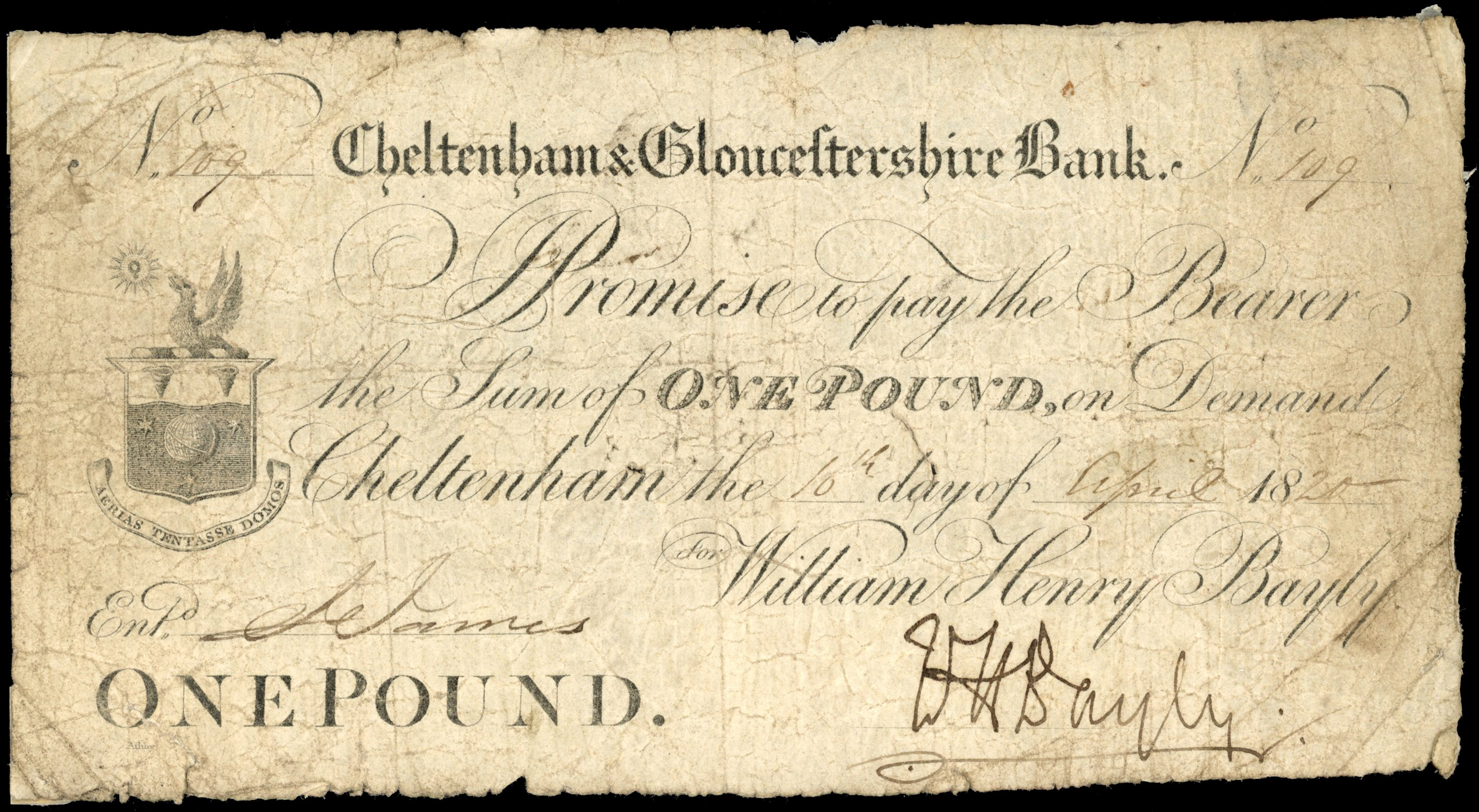 CHELTENHAM, Cheltenham & Gloucestershire Bank, for William Henry Bayly, £1.,16 April 1820, serial number 109, …