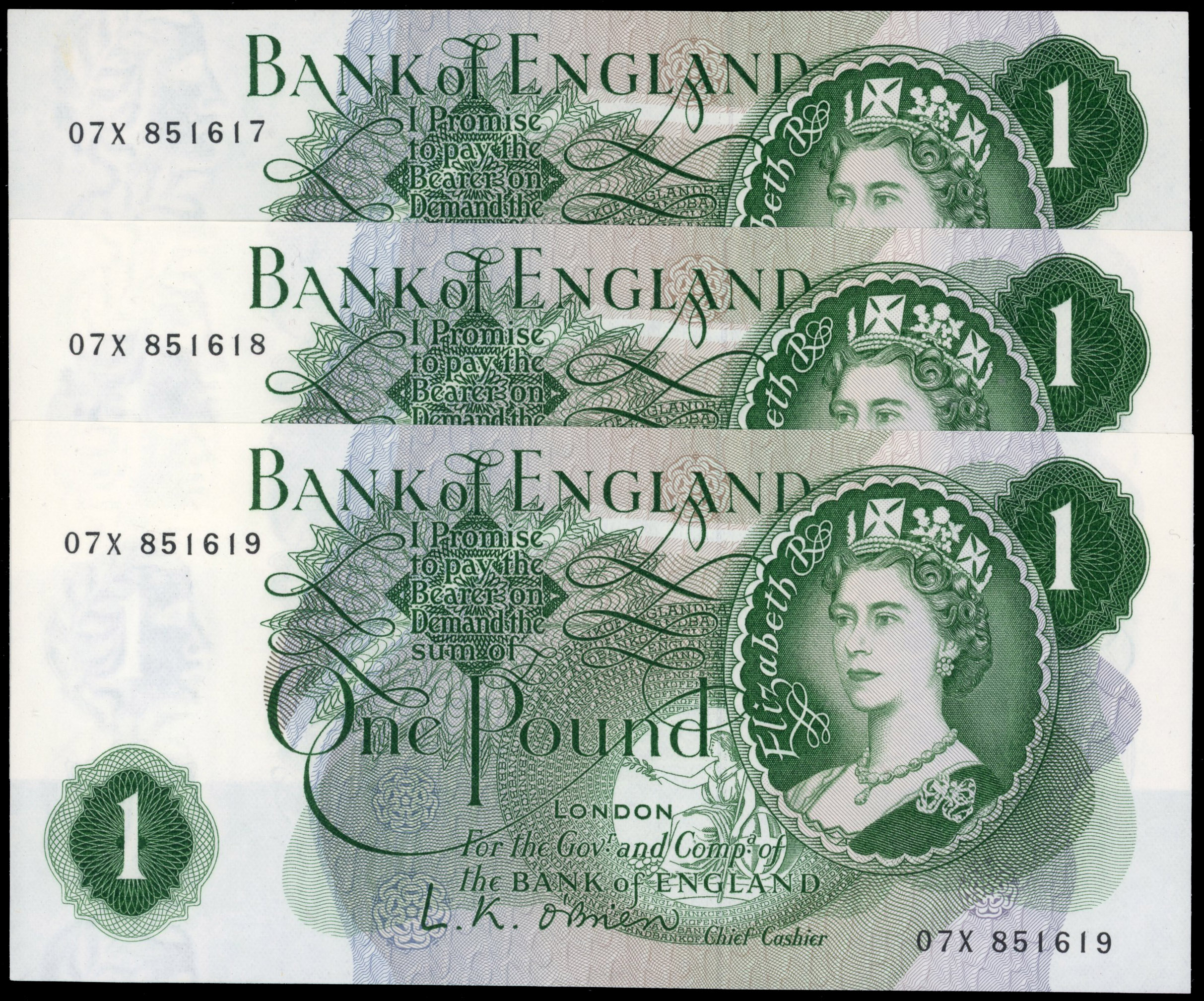 Bank of England, L K O’Brien, One Pound, Mar. 1960, O7X 851617, 851618 and 851619, (consecutive), (Dugg. B282)…
