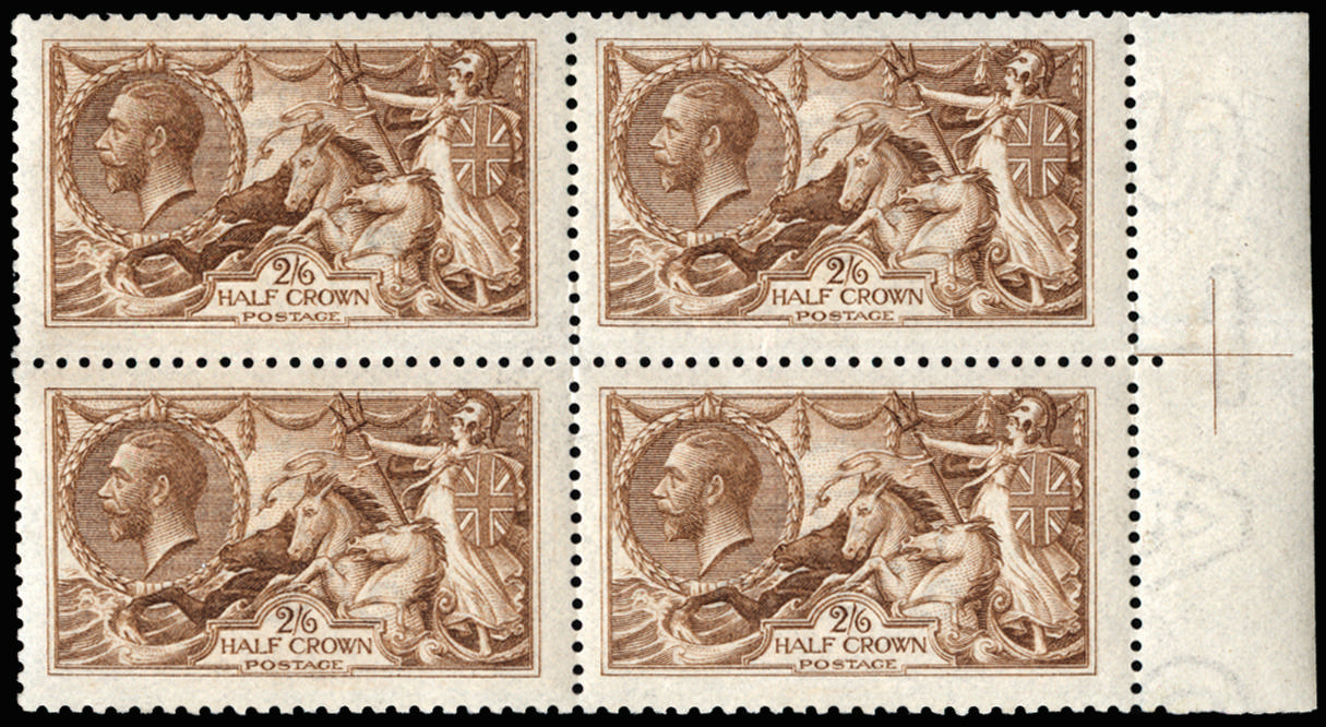 Great Britain 1915 2s6d Yellow brown. Very fine and fresh well centred unused o.g.right hand marginal block of fou…