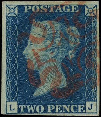 1840 2d blue Plate 2 (LJ) four just clear to large margins, neatly struck by red...