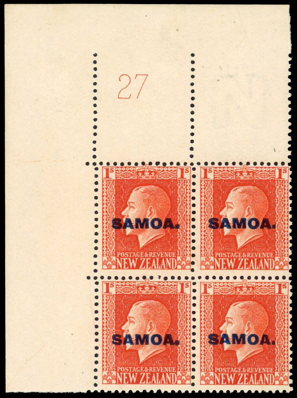 Samoa SG 121 1914-15 1s vermilion plate block mint