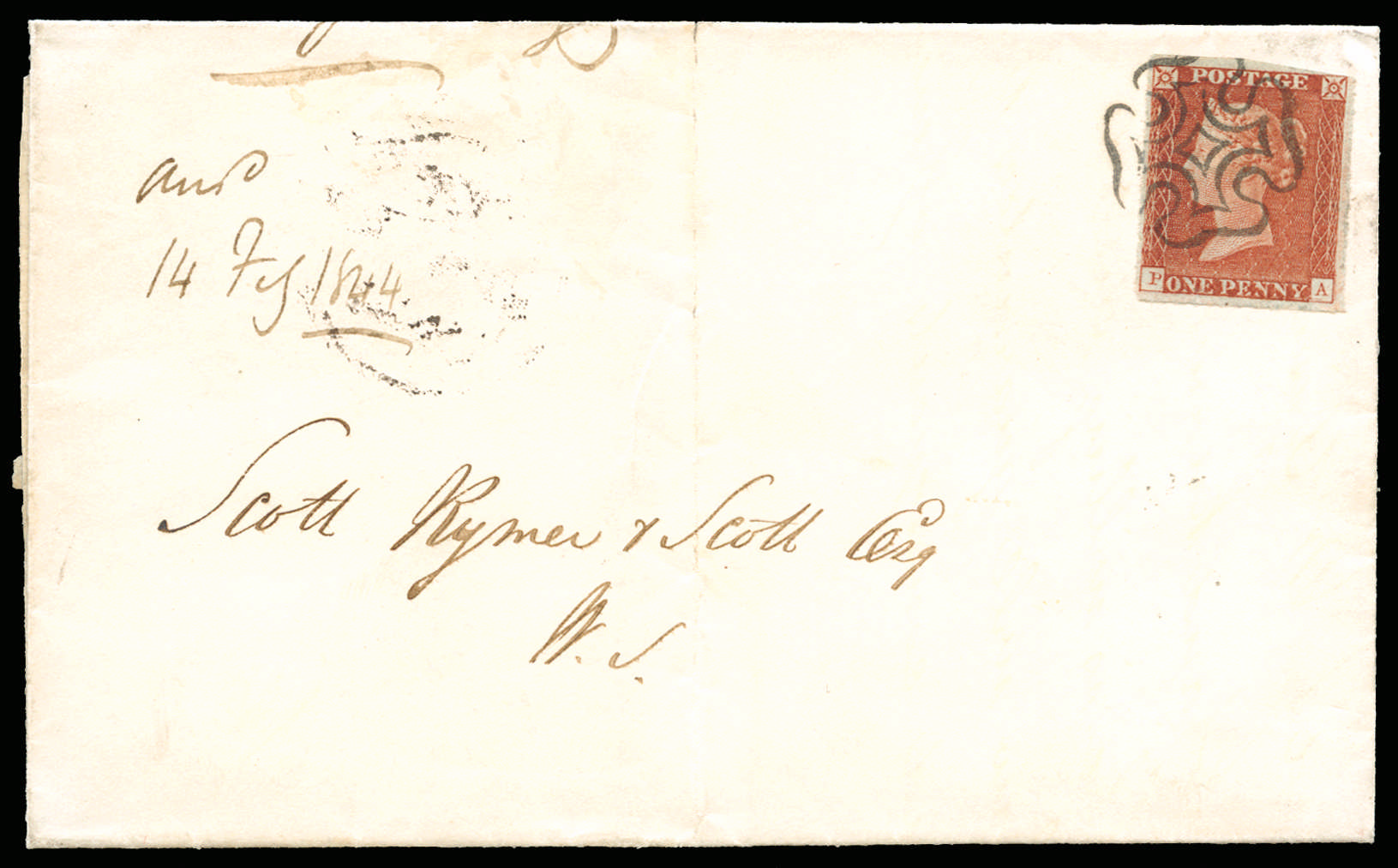 1841 1d. Red brown Pl.33. (State 2, non-coincident re-entry). Scottish thin line MC on cover.