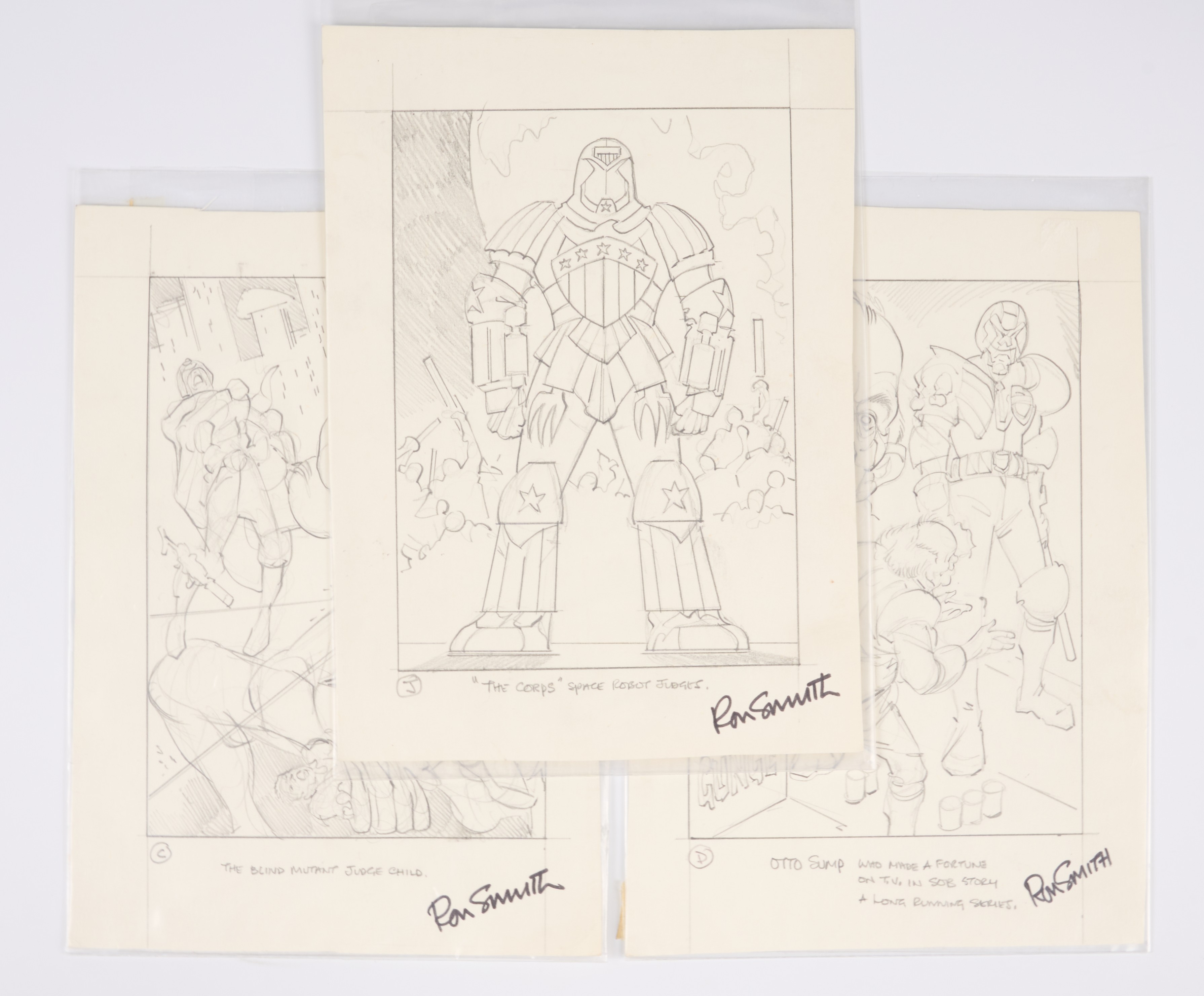 Ron Smith 2000 AD Judge Dredd Trading Card Pencil Sketch Signed (Fleetway) Total 3