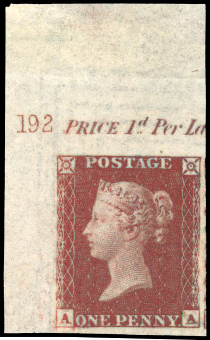 1854 1d red brown Plate 192 (AA) corner marginal imperforate imprimatur, SG 17var