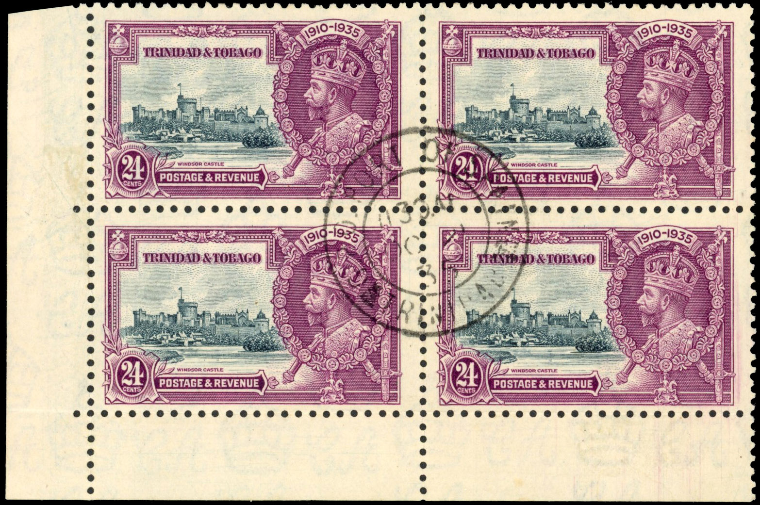 Trinidad & Tobago 1935 Silver Jubilee 24c slate and purple, used block of four variety ‘EXTRA FLAGSTAFF’