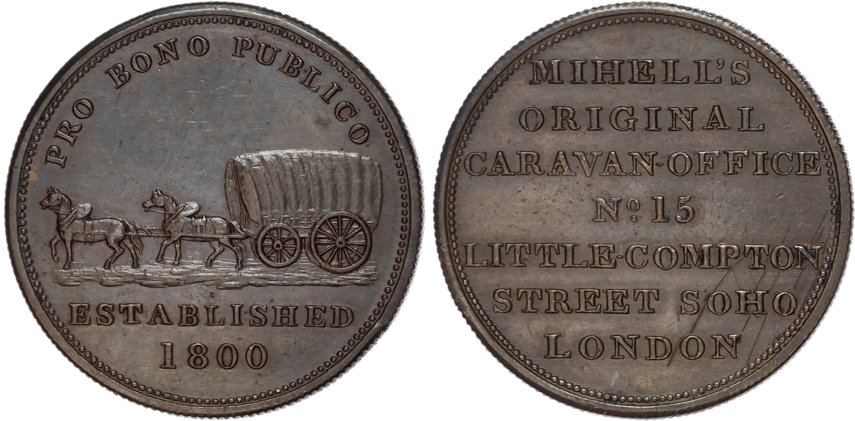LONDON , John Mihell (corn dealer and caravan office) Penny undated, A two-horse covered wagon. rev. Seven-lin…