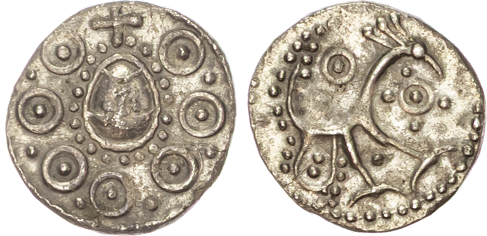 Anglo-Saxon, Secondary Scettas (c. 720-735/50) AR Sceat, Series H, type 49, Hamwic, ‘Wodan Head’ type, 0.84g