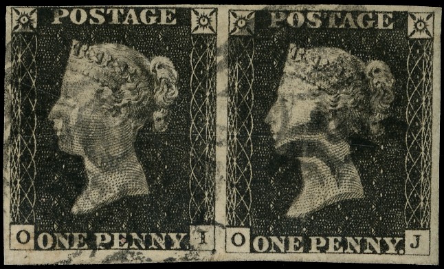 GB: 1840 1d black plate 2, horizontal four margin pair (OI-OJ) cancelled black MCs....