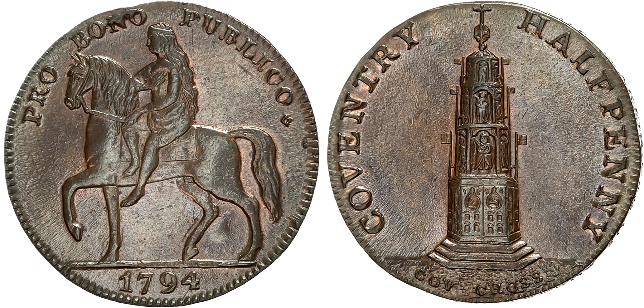 Warks. Coventry , Robert Reynolds & Co. Halfpenny 1794, Lady Godiva on horse, rev. Coventry market Cross edge PAYABLE A …