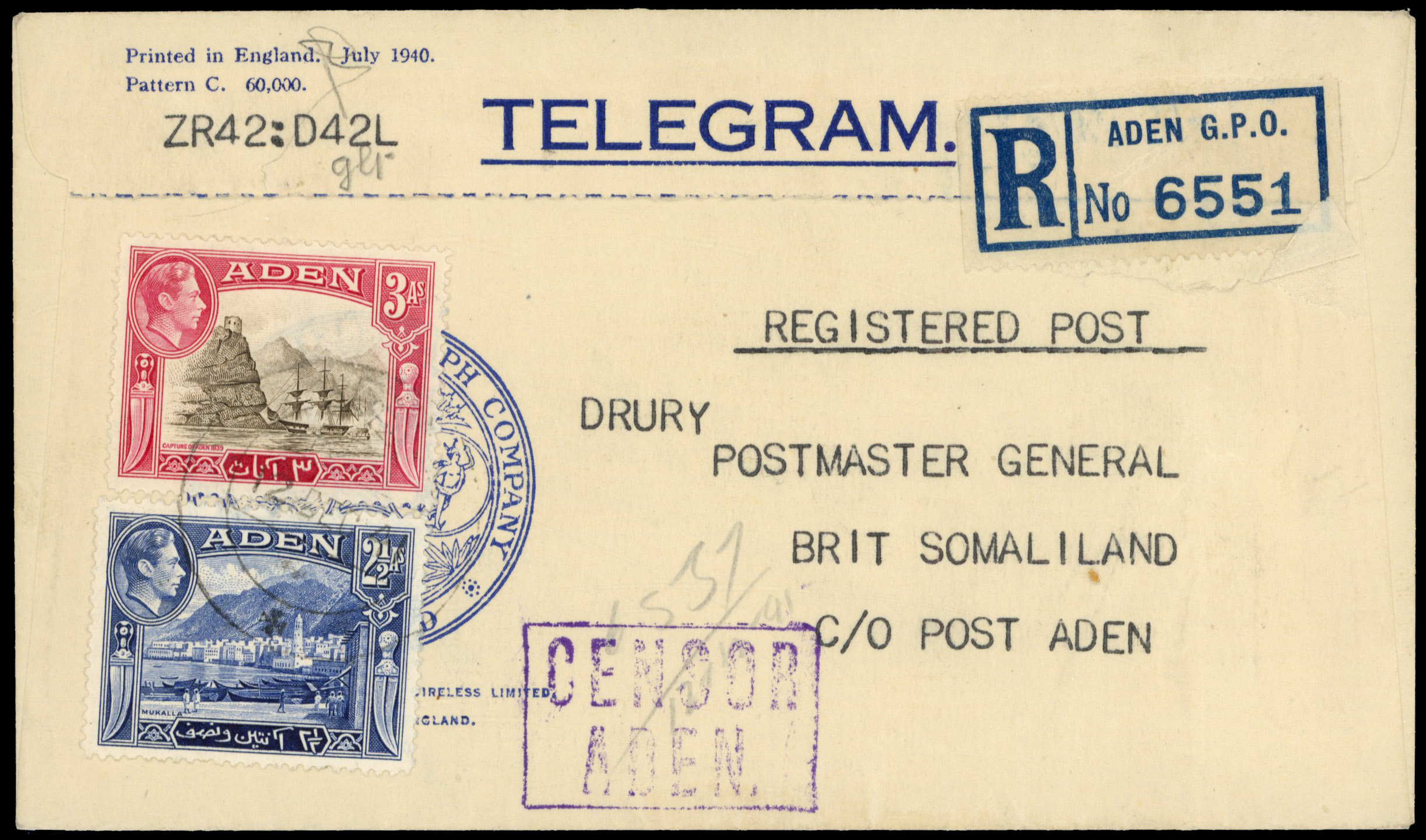 Aden 1941 Telegram envelope to Br. Somaliland