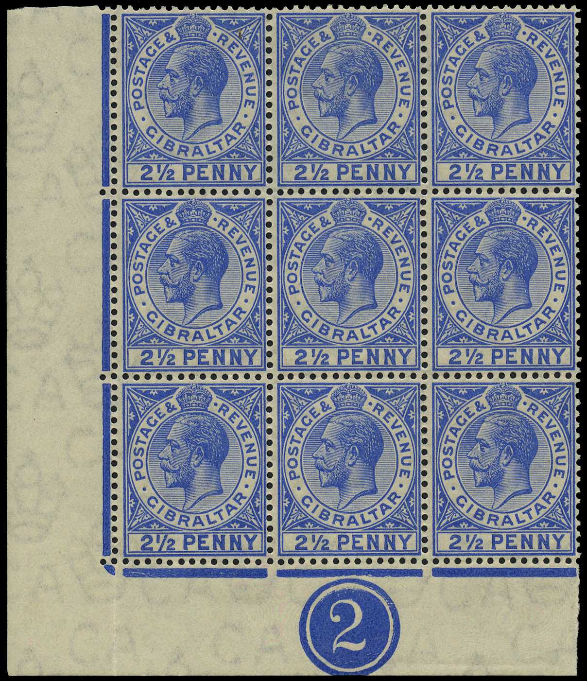 1912-24 2½d deep bright blue Plate 2 block...