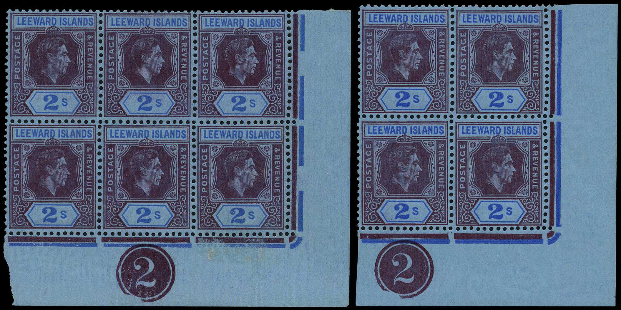 1942-7 2/- reddish purple and blue on blue...