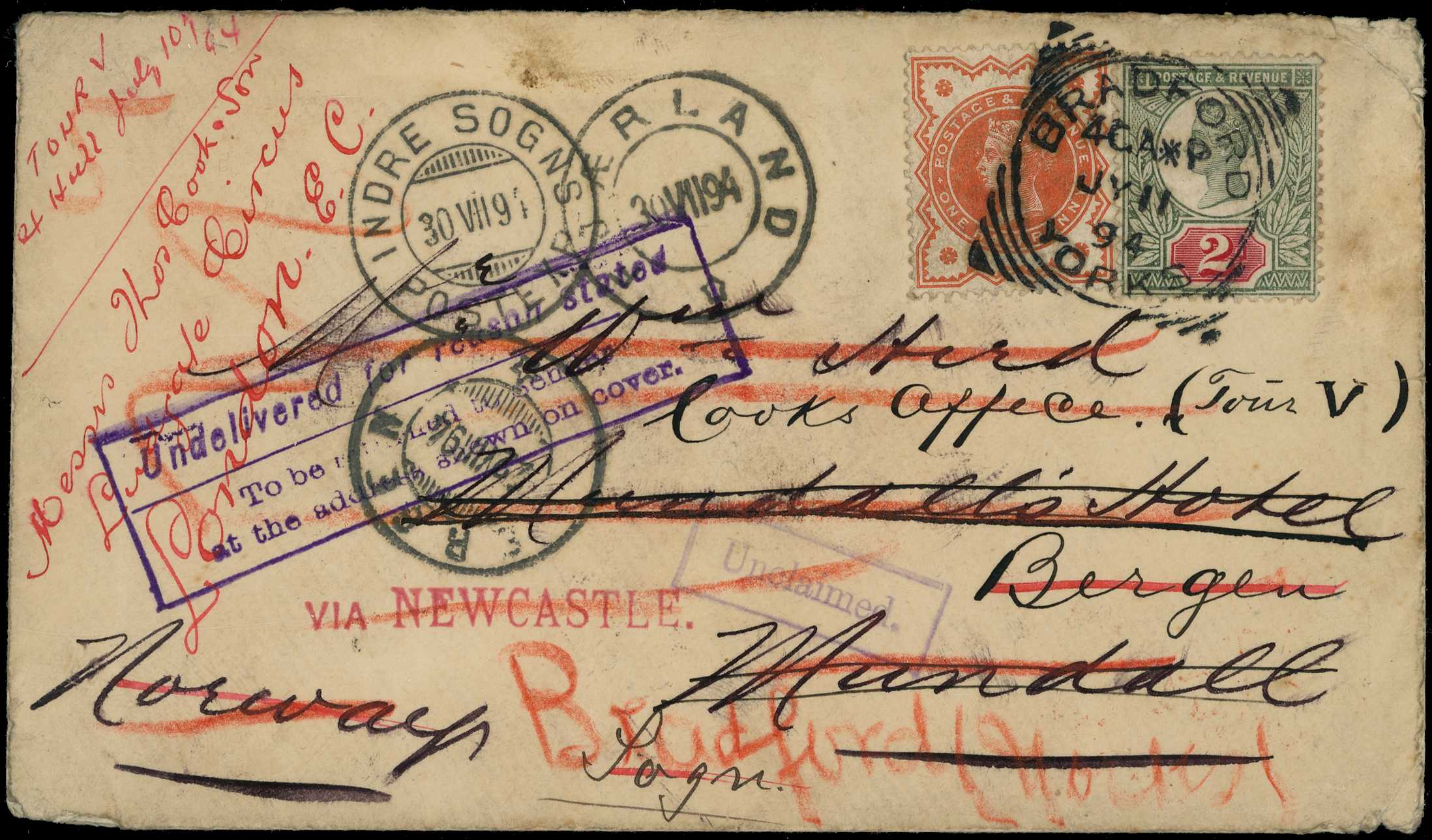 Postal History. 1894 cover from Bradford to...