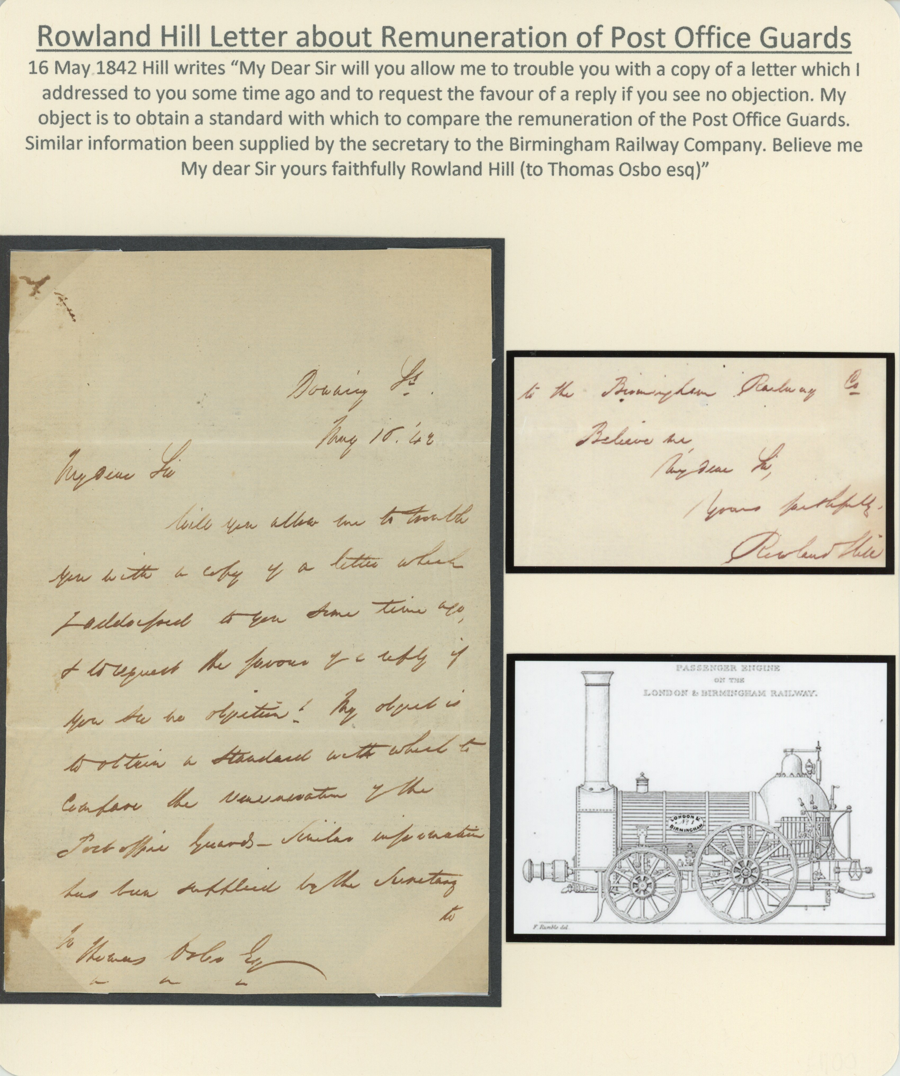 GB 1842 Rowland Hill letter discussing remuneration of Post Office guards