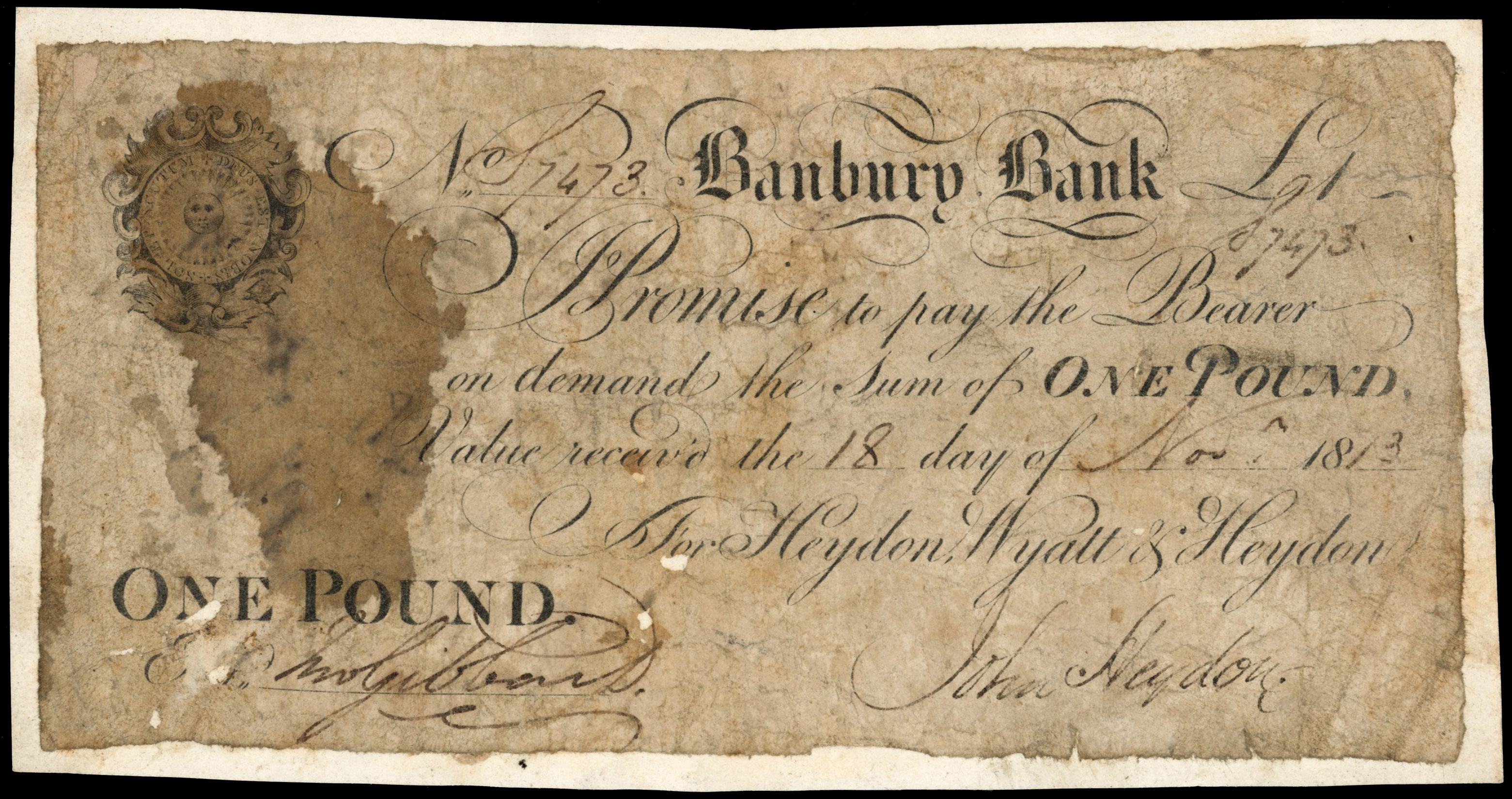 BANBURY, Banbury Bank for Heydon, Wyatt & Heydon, £1.,18 Nov 1813 signed John Heydon, serial no S9473, vignett…