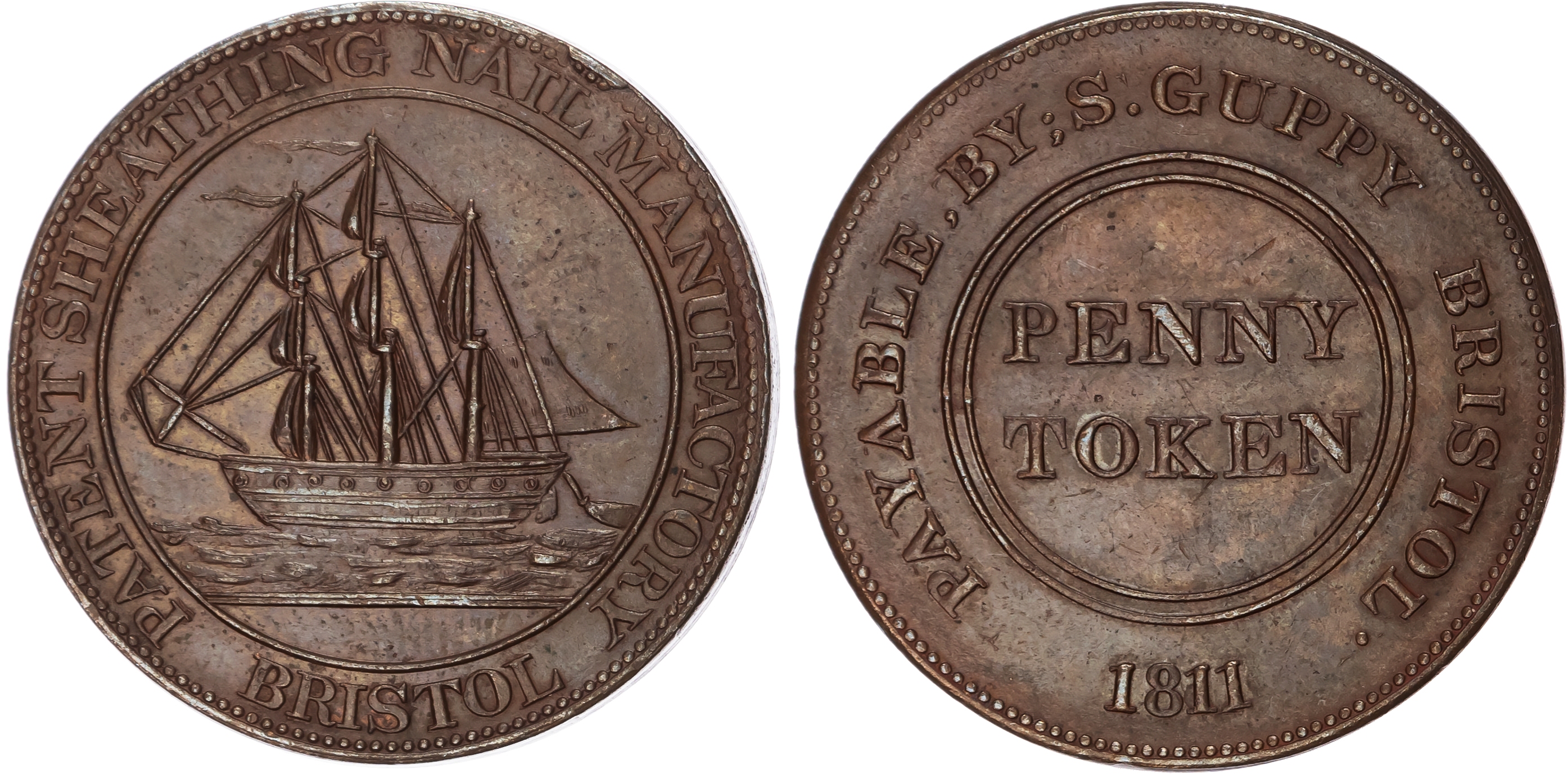 BRISTOL, Som. Samuel Guppy of the Patent Sheathing Nail Manufactory Penny 1811, Another similar but with 9 por…