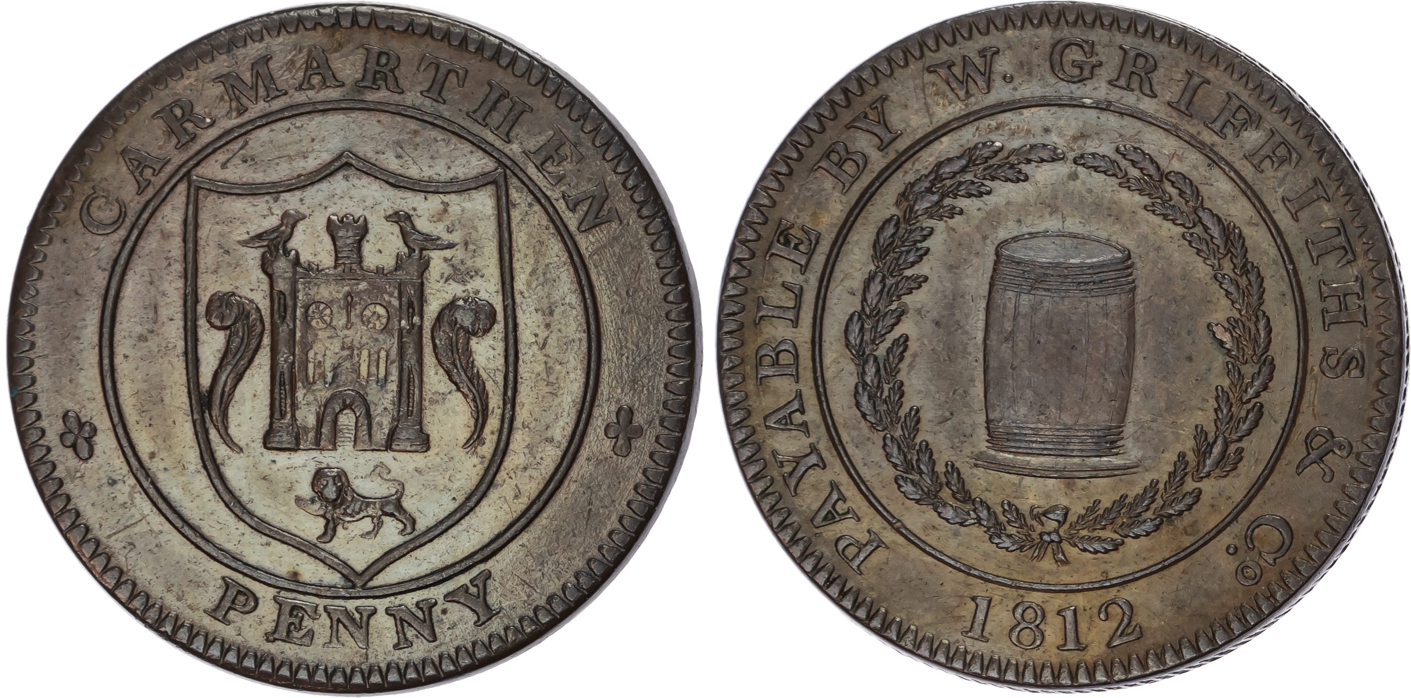 CARMARTHEN, Carms. W Griffiths & Co. (ironmongers) Penny 1812, Arms of Carmarthen, rev . A cask within an oake…