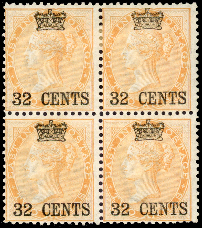 Straits Settlements SG 9 1867 32c on 2a yellow block of 4