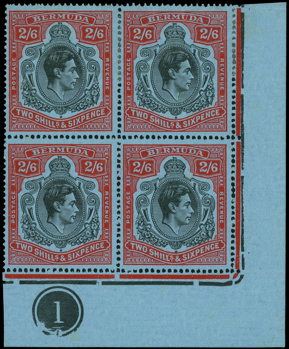 Bermuda SG 117b, be Plate block mint