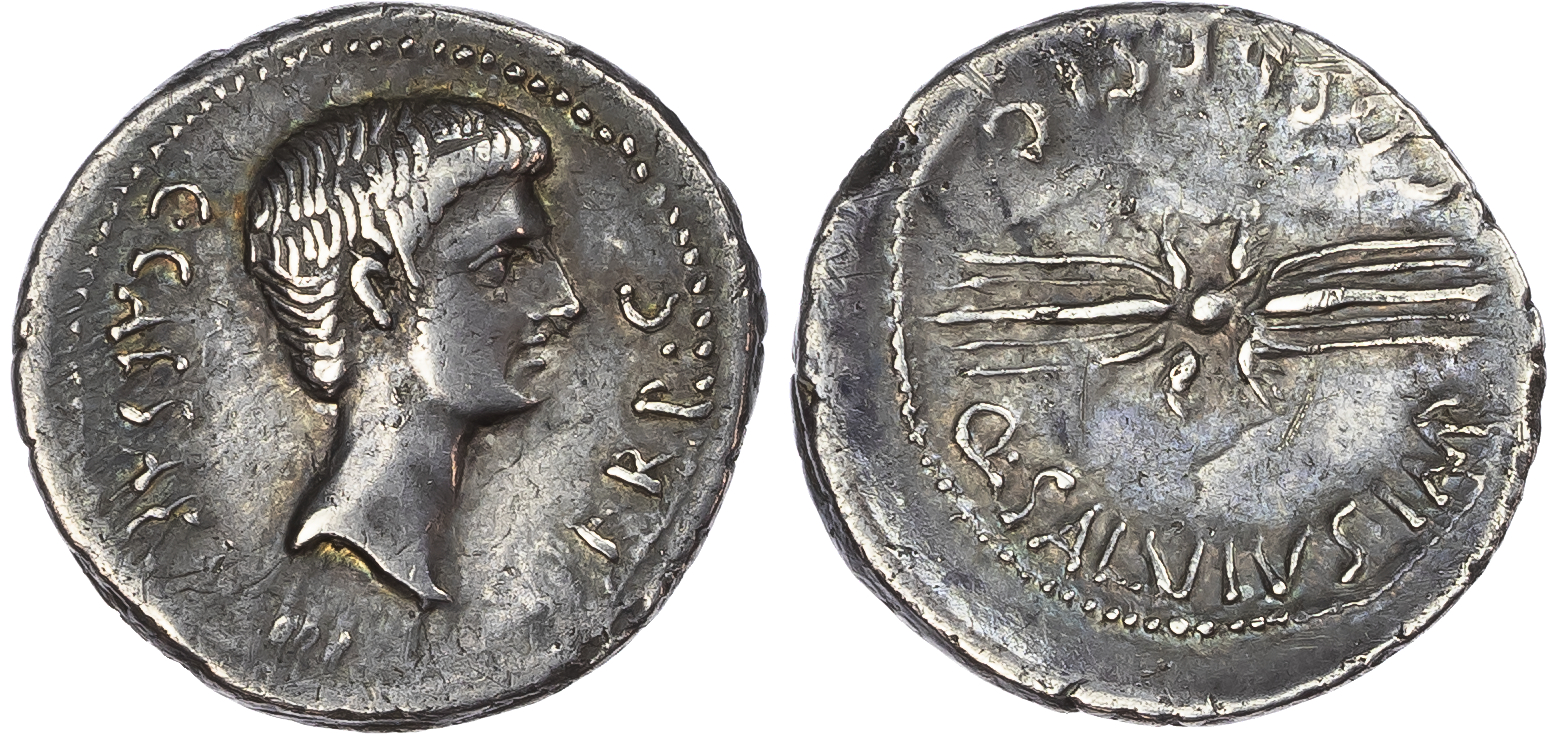 Octavian (40 BC) AR Denarius, military mint moving with Octavian, Q. Salvius, magistrate, 3.74g. 