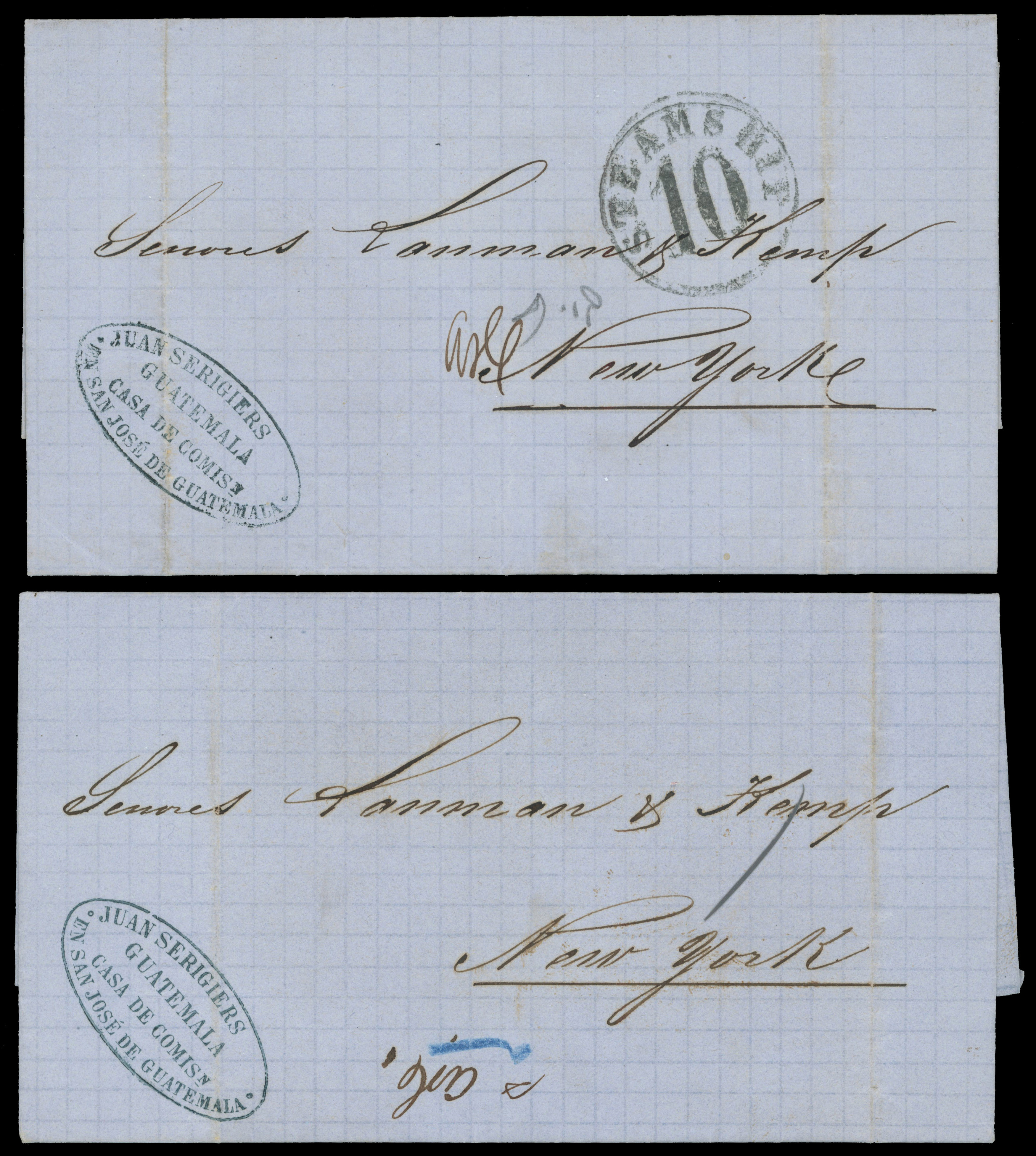 Guatemala 1863 stampless entires to New York