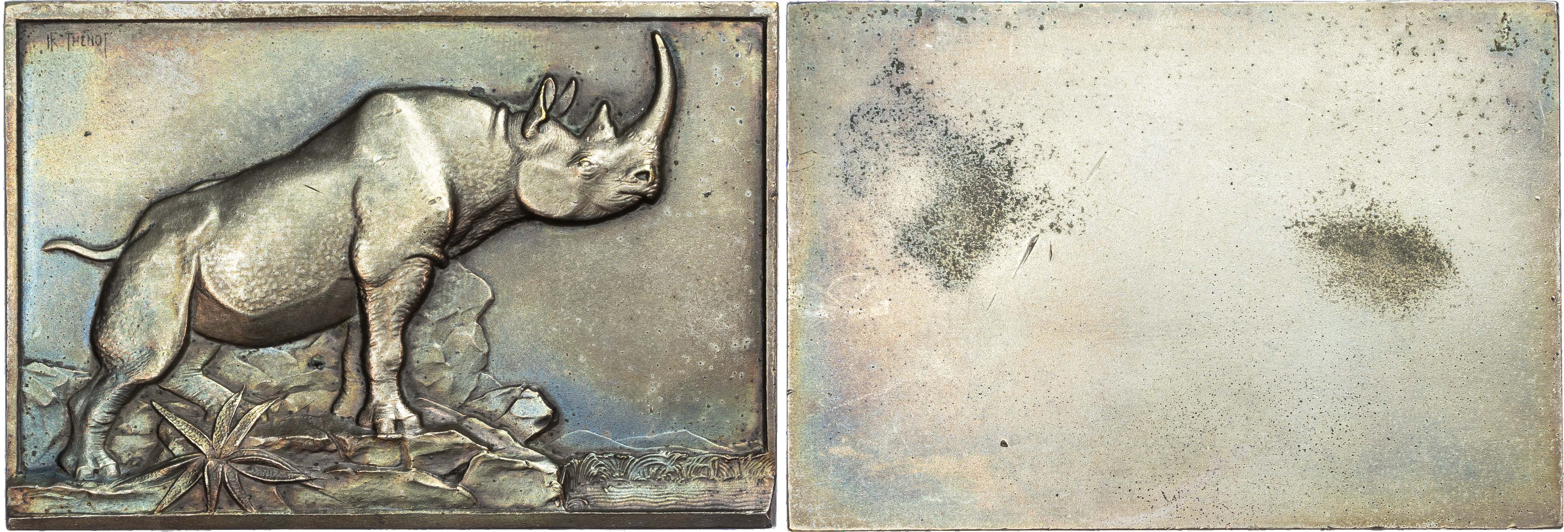 France, Rhinoceros, uniface “Metal F” (iron?) plaquette, 1936