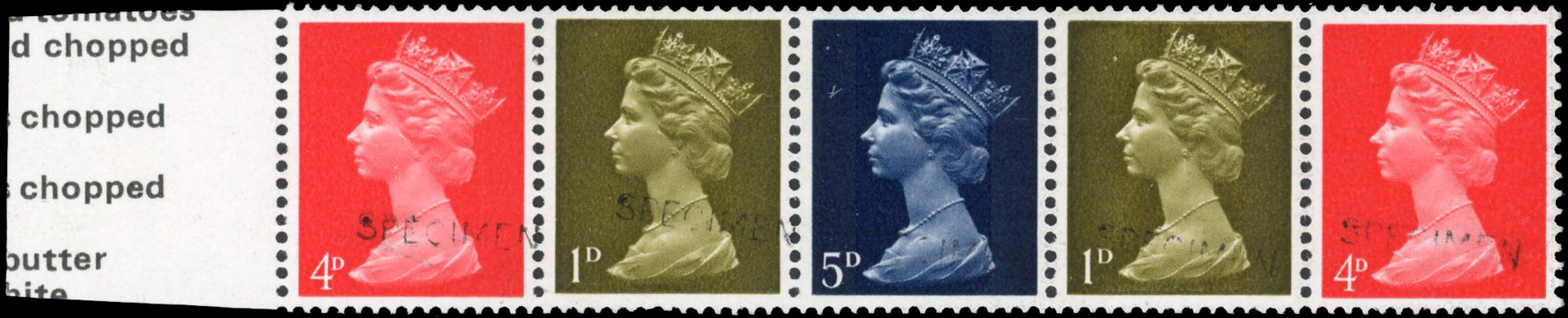 GB 1969 Machin strip of 5 from 'Stamps for Cooks' booklet SPECIMEN