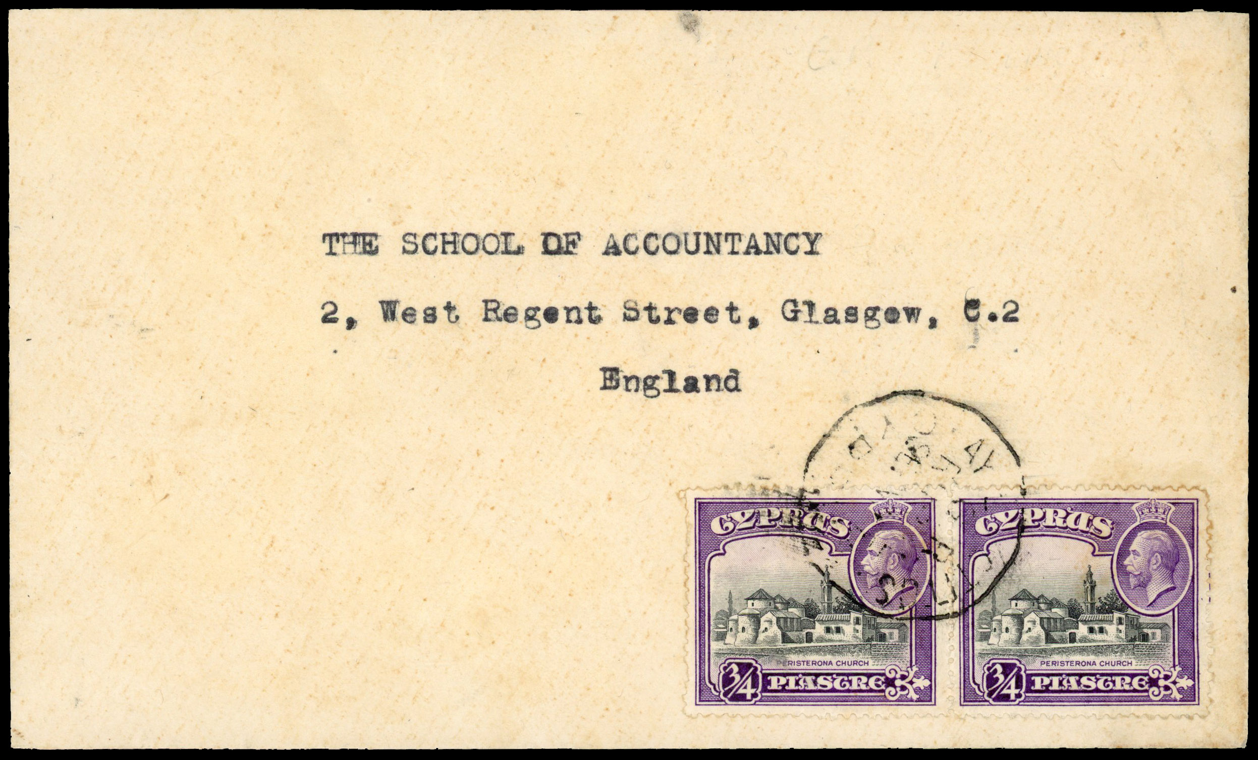 1935 cover to England franked 2 x ¾pi tied “AY EPICTITOS G.R. RURAL SERVICE CYPRUS” with Kyrenia ‘31 JA 35’ transit 