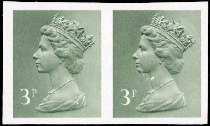 GB 1973 3p Harrison Colour Trial Proof imperforate pair in olive-grey