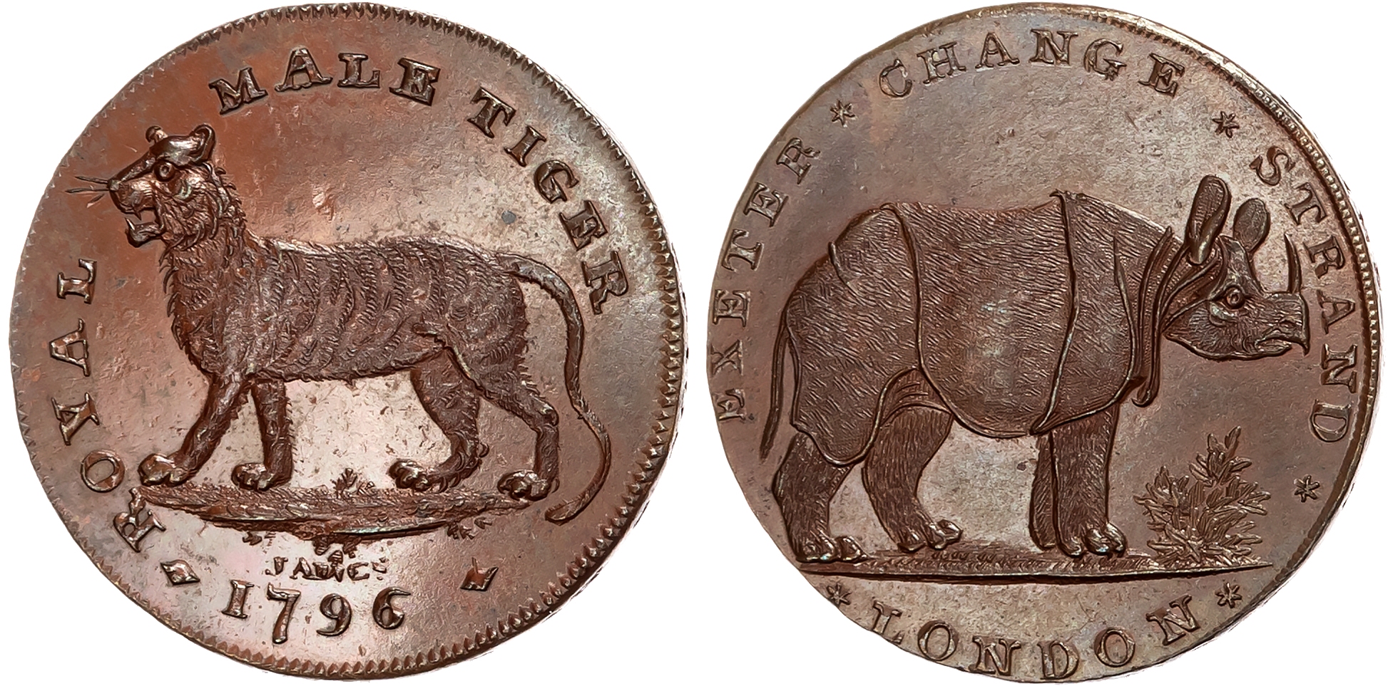 London , Strand, Gilbert Pidcock Halfpenny 1796, A rhinoceros standing right, rev . a tiger standing left, edge SPENCE x …