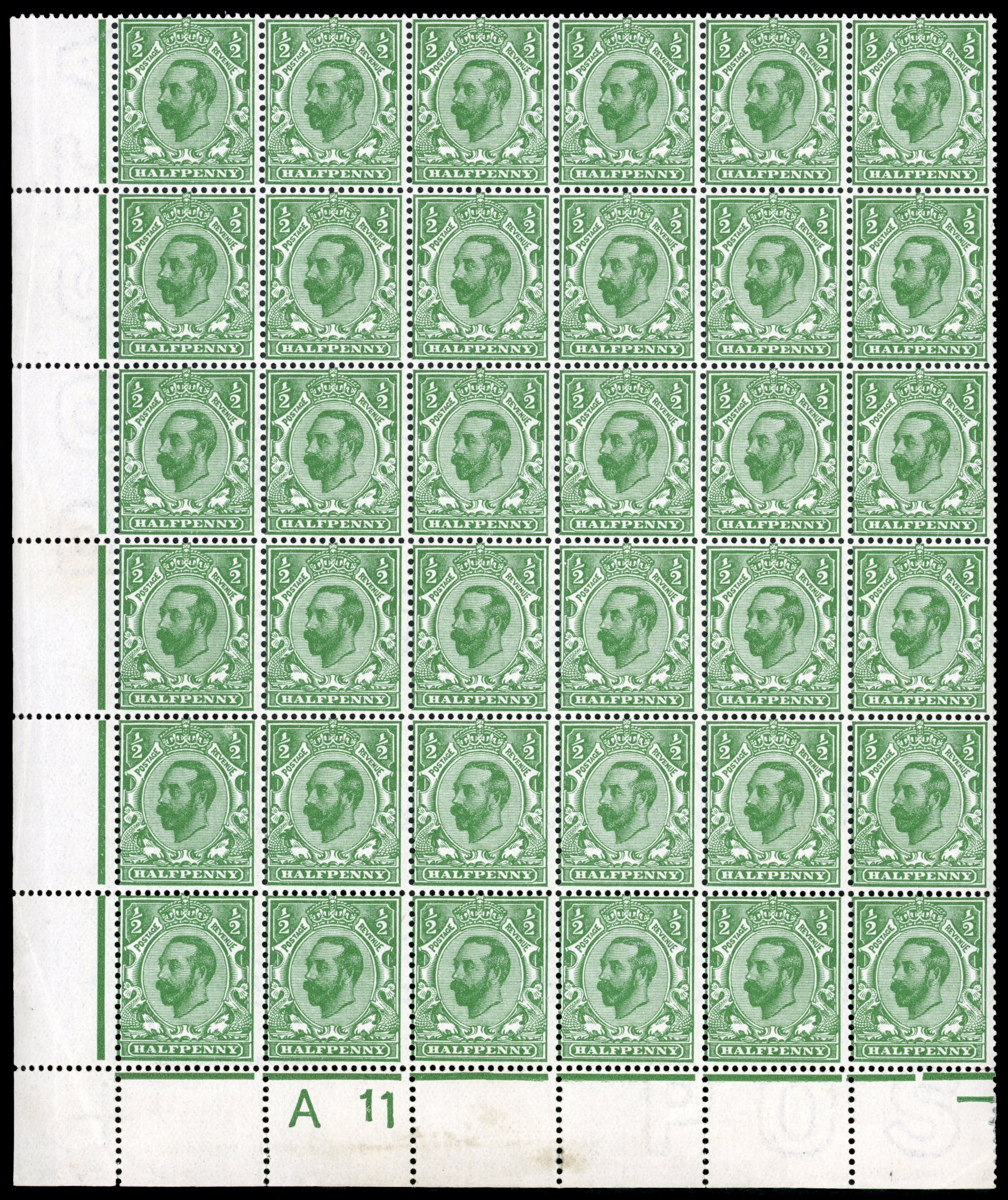 GB 1911-12 ½d bluish green, die 1B, mint unmounted o.g. lower left corner marginal A11 control block of thirty-six,