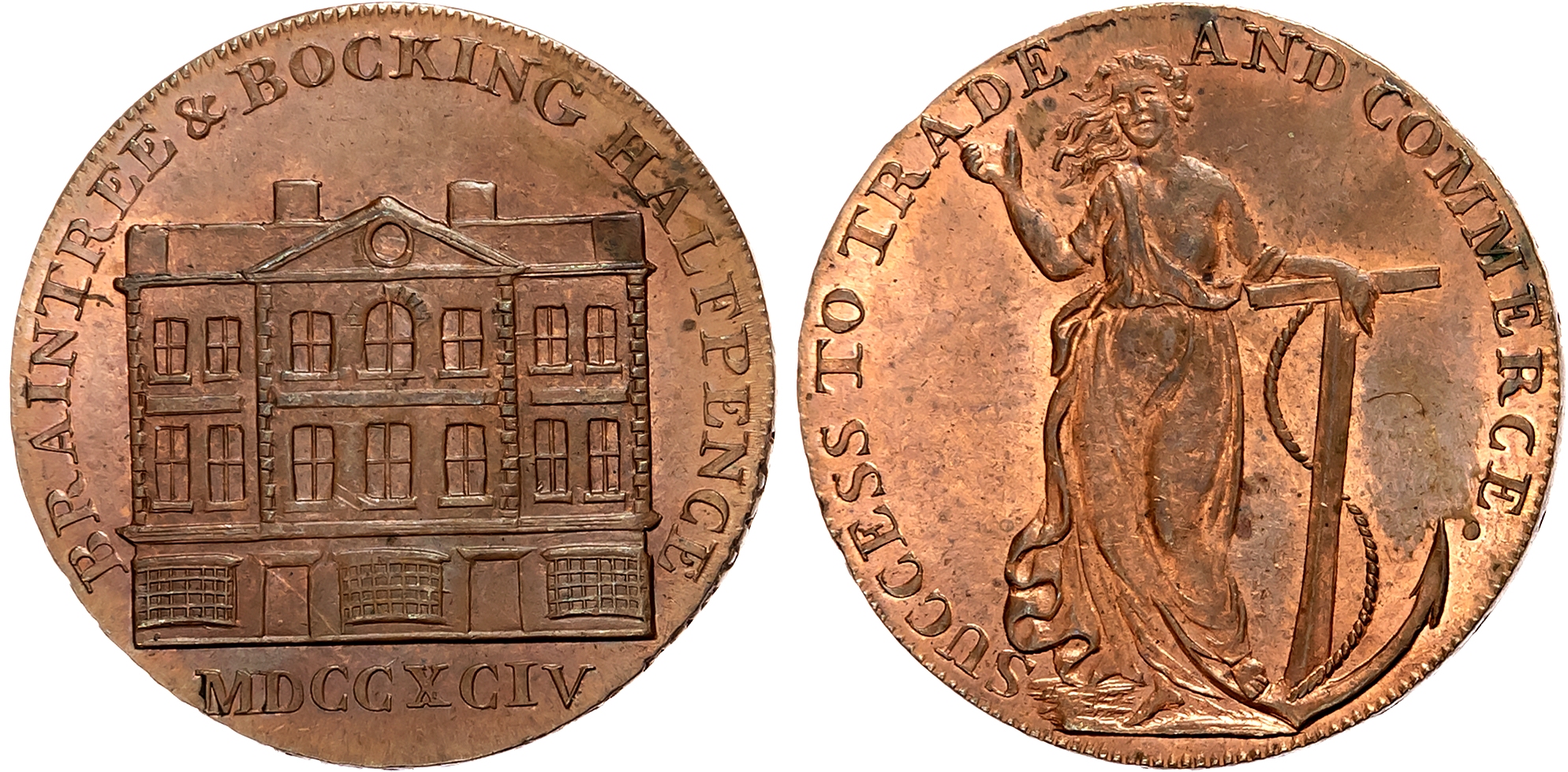 Essex, Braintree and Bocking, William Goldsmith Halfpenny 1794, Facade of Georgian building, rev . Hope standing with an …