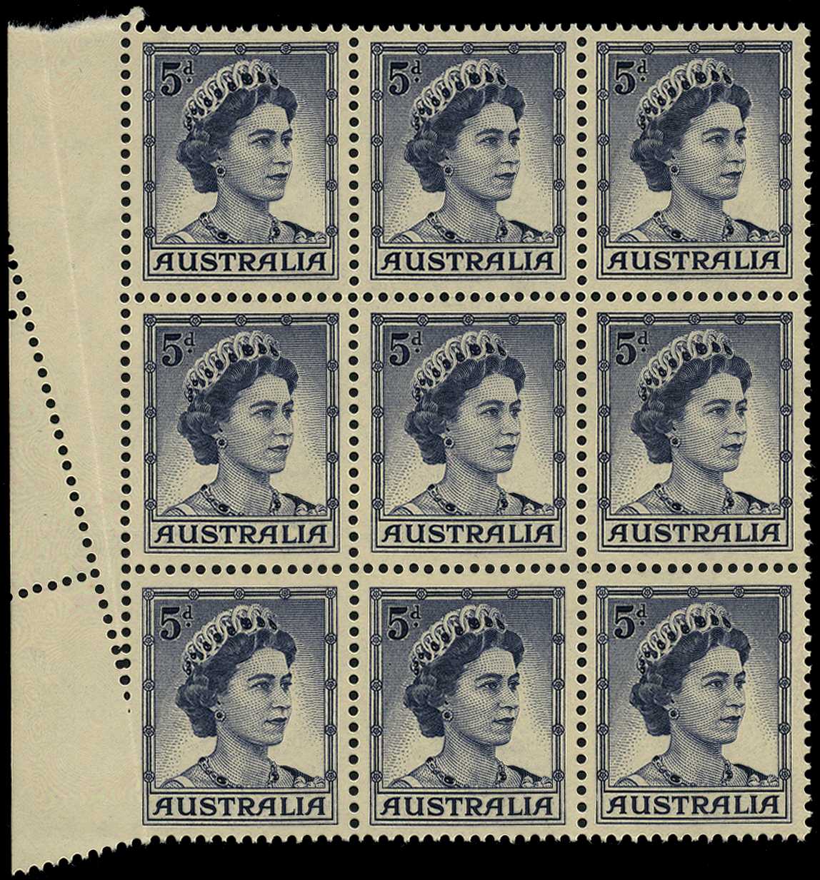 1959-63 5d deep blue l/h marginal block of 9...