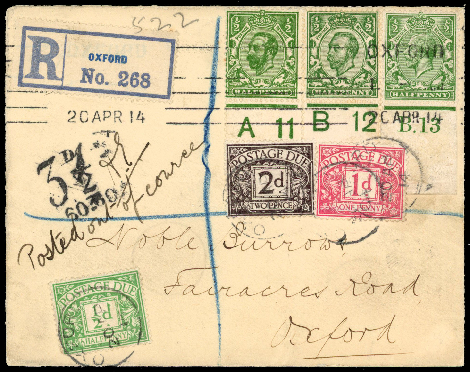1914 Postage Due first day. Superb 'W T Wilson' cover SG D1, D2 & D4.