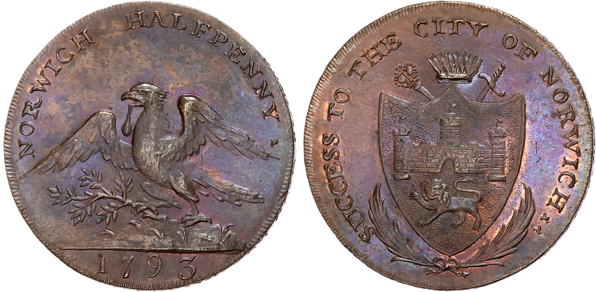 Norf.  Norwich , Dunham & Yallop Halfpenny 1793, Arms of Norwich, rev. spread eagle with purse in beak (crest), PAYABLE  …