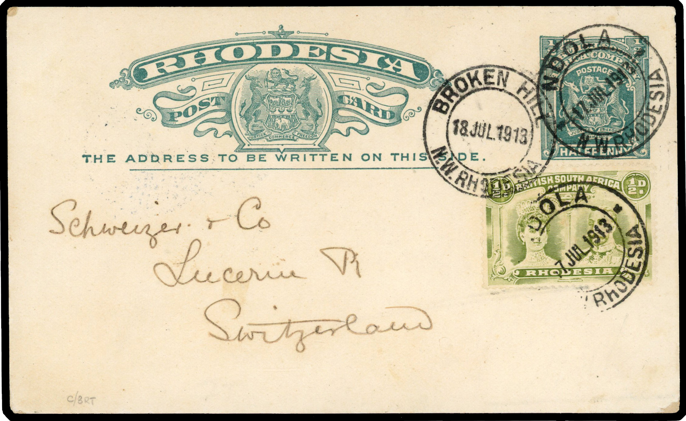 Rhodesia 1913 ½d post card used to Switzerland