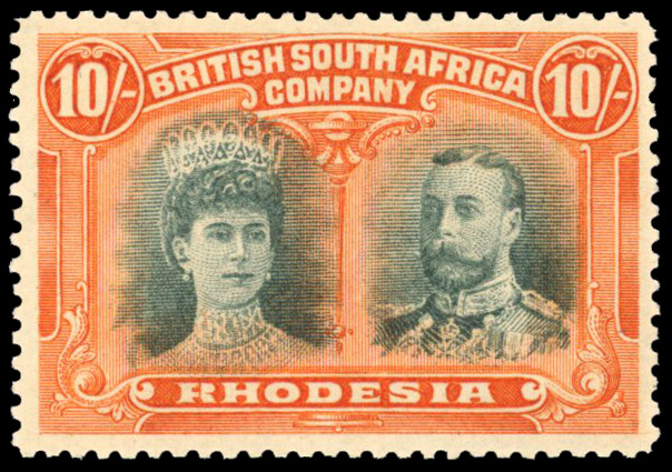 Rhodesia 1910-13 10s blue-green and orange