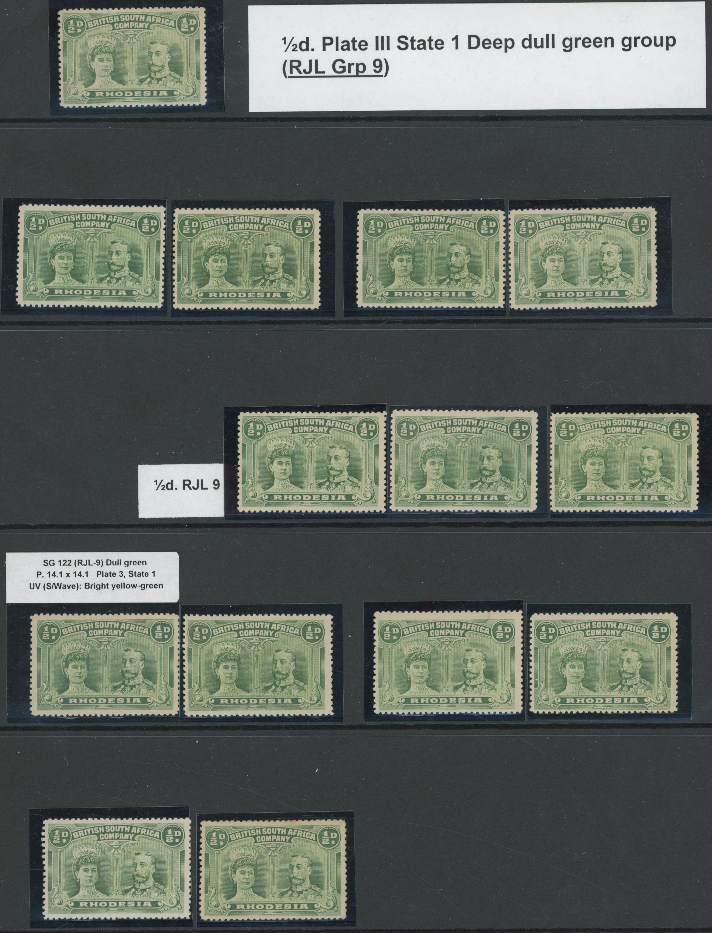 † ½d deep dull green RJL 9 group, fourteen mint