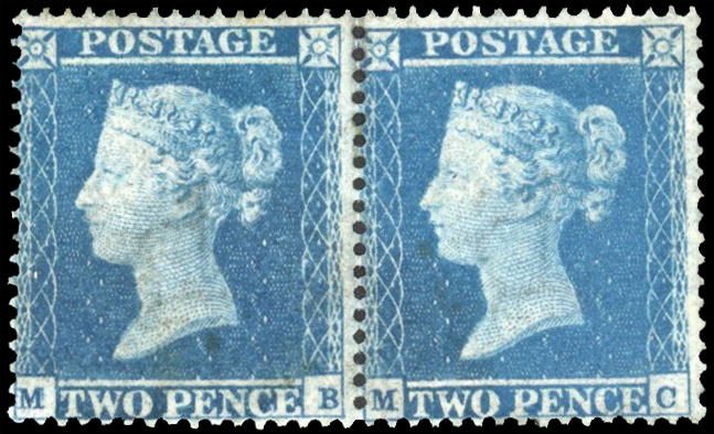 1855 Small Crown perf 16 2d pale blue, horizontal pair (MB-MC), mint with part o.g.