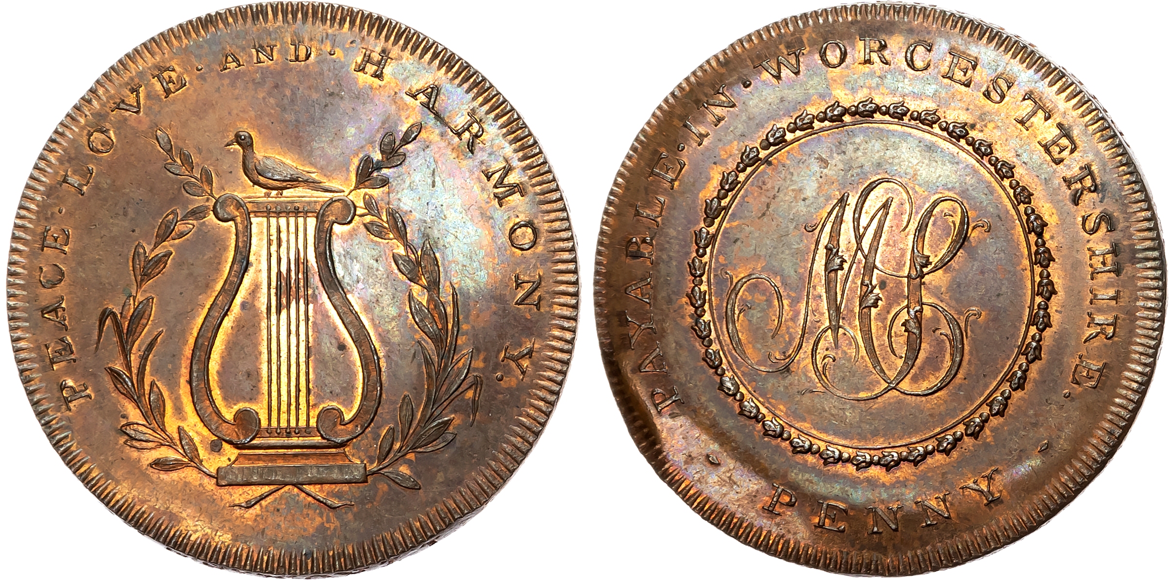 Worcs – County Series , Skidmore’s specious Penny (c. 1797), Dove on a lyre between olive branches, rev . MS cypher, edg …