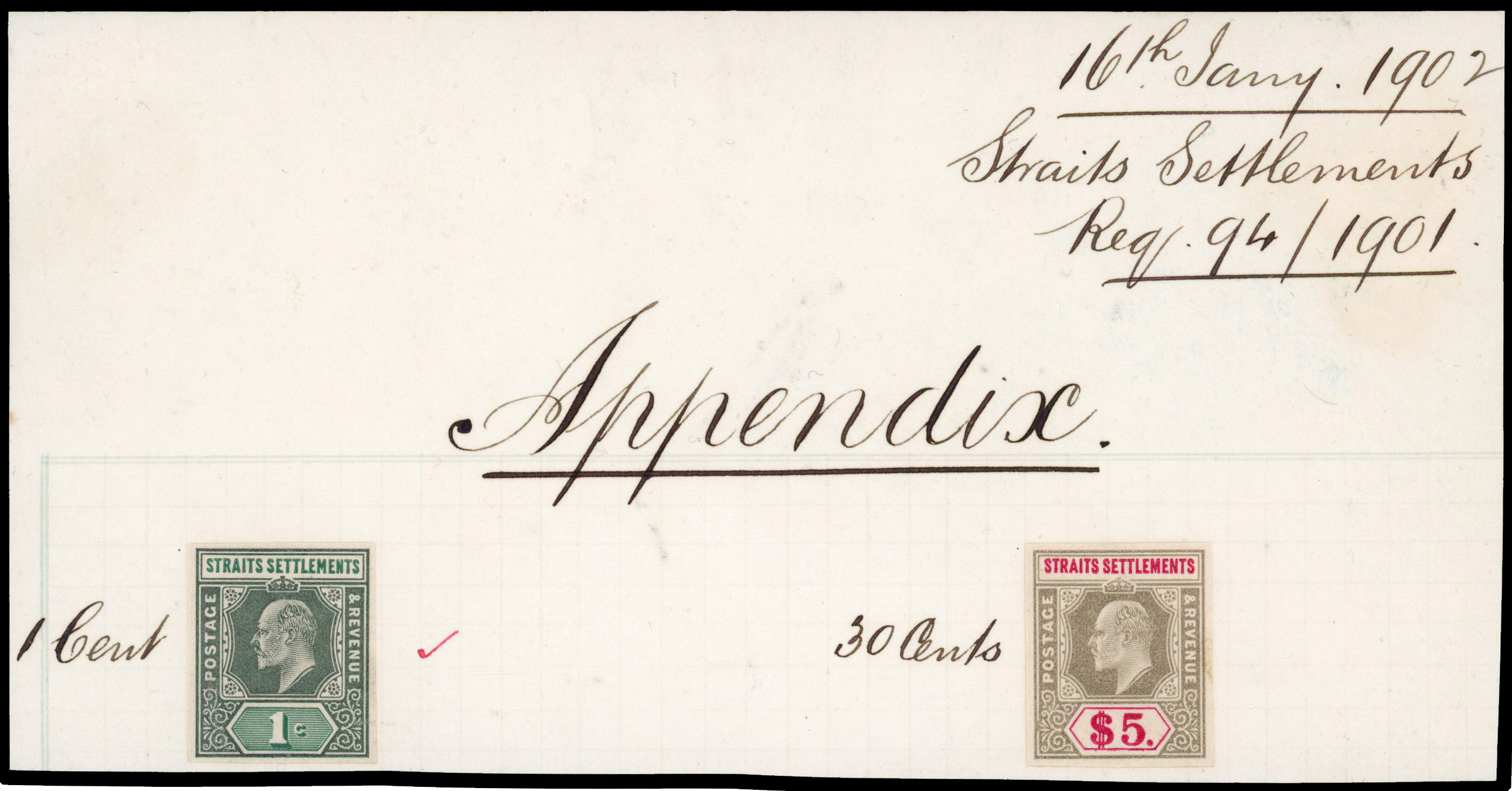 Straits Settlements 1902 part Appendix sheet with 1c and $5 imperf colour trials