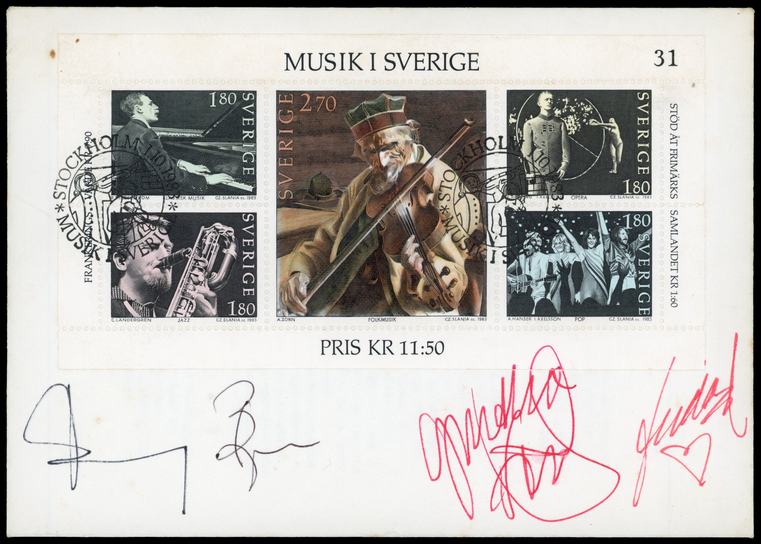 Sweden: 1983 Music in Sweden 1k80 miniature sheet fdc signed in pen ink by all four members of ABBA