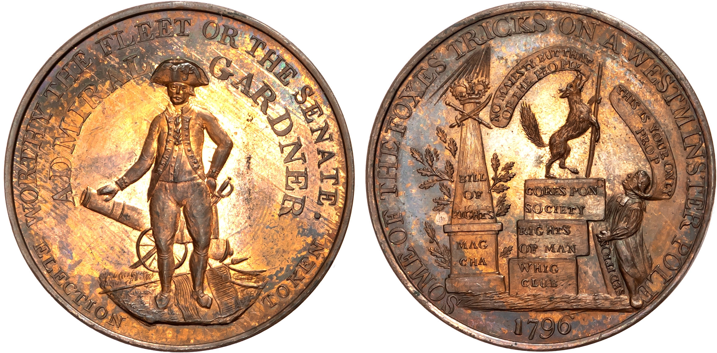 London, Political Series, Admiral Gardner election Penny 1796, Gardner in naval uniform standing by canon, rev, Fox stan …