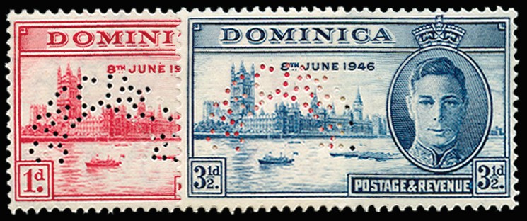 1946 Victory 1d and 3½d, perf 'SPECIMEN' (type...