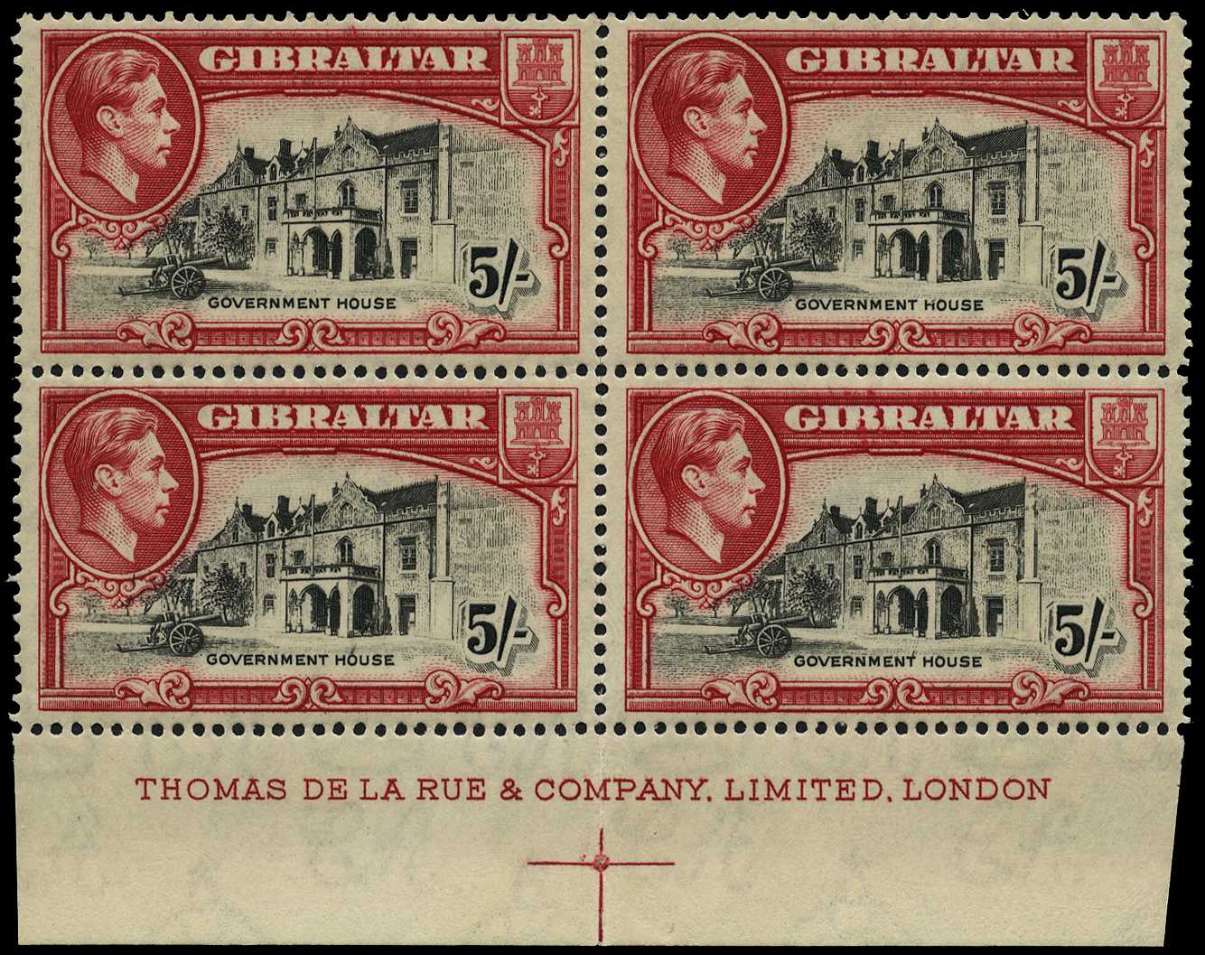 1938 5/- black and carmine perf 14,...