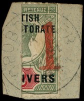 1894 surcharge '1' Type 16 on half of 2d grey-green and carmine, used on piece with Opobo River CDS of OC 3 94.  SG 58,...