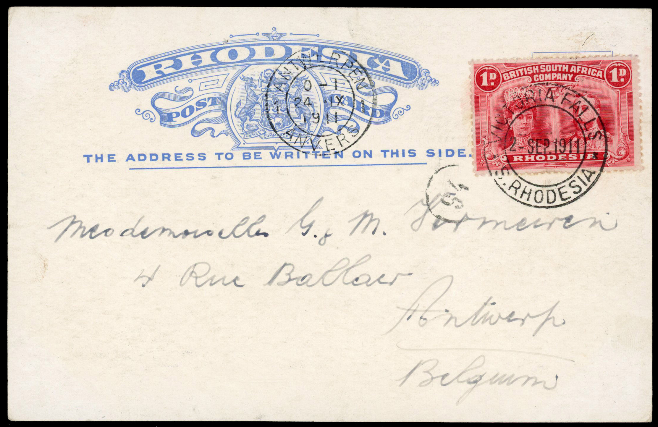 Rhodesia 1911 post card from Victoria Falls to Belgium