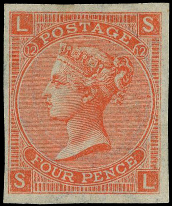 1870 4d Vermilion Pl.12. Very fine unused imperforate example lettered SL, Scarce. Ex. Latto. SG94a. Cat. £7000…