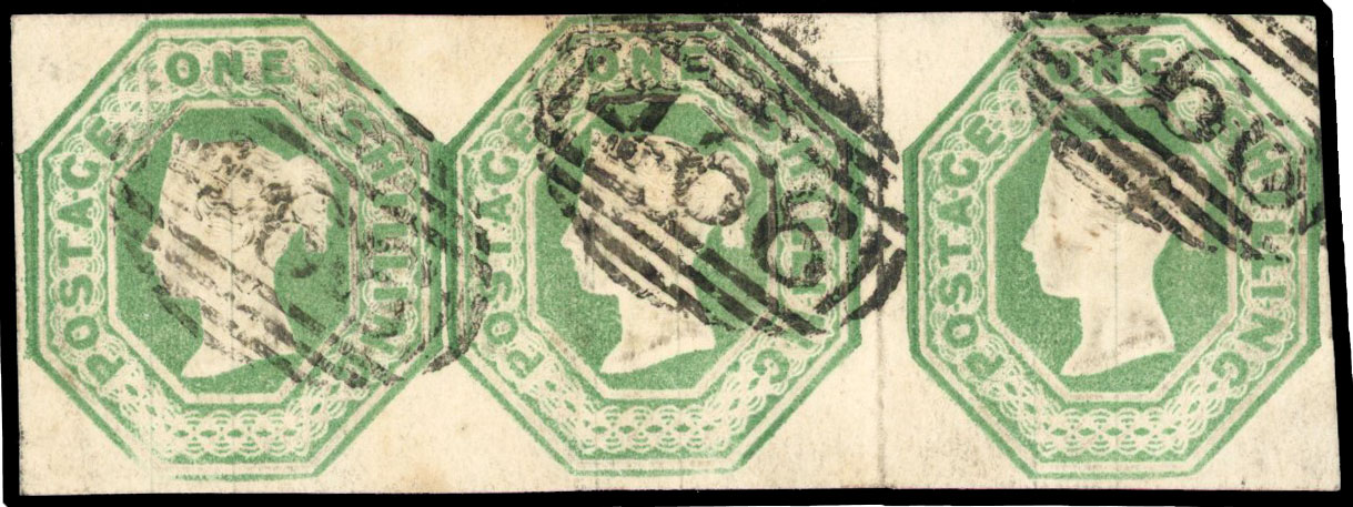 1847 1s embossed pale green, horizontal strip of 3 cancelled ‘466’ obliterator, the right-hand stamps touched at top, faults